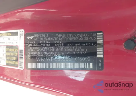 2006 Mini Cooper z USA, uszkodzony, nr VIN WMWRC33586TK16092